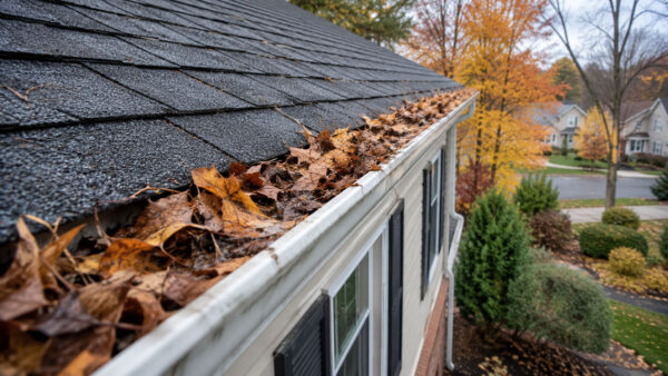 Gutter clogged with fall leaves on a Maryland home in need of cleaning before winter