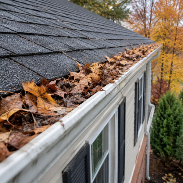 Gutter clogged with fall leaves on a Maryland home in need of cleaning before winter
