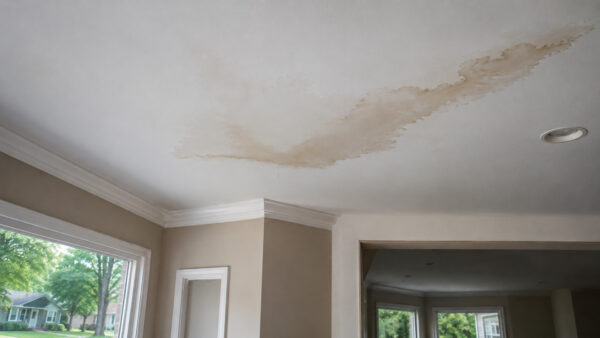 Water stain on a ceiling from a roof leak after heavy rain in a Maryland home