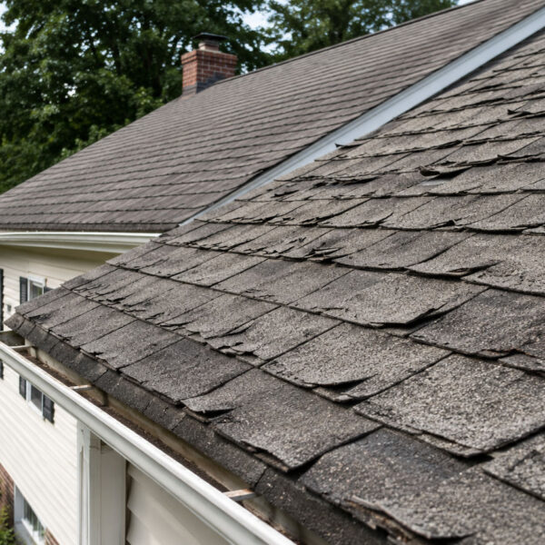 Aging asphalt shingle roof with curling shingles signaling time for replacement on a Maryland home