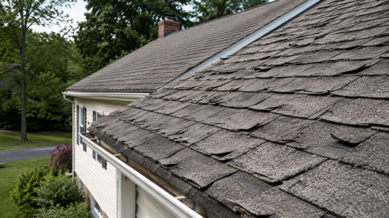 Aging asphalt shingle roof with curling shingles signaling time for replacement on a Maryland home