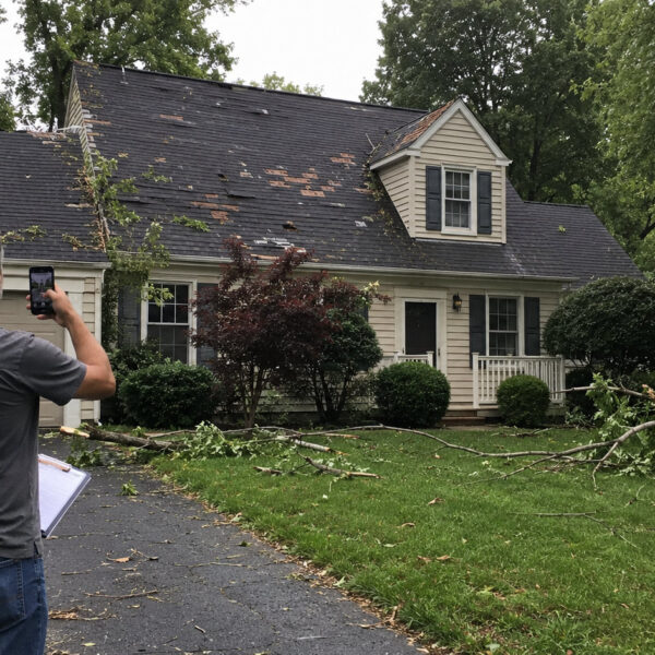 Homeowner documenting storm damage to a roof for an insurance claim in Maryland