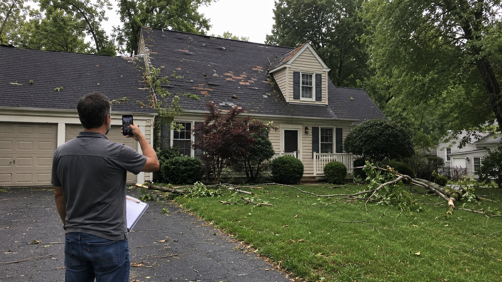 Homeowner documenting storm damage to a roof for an insurance claim in Maryland